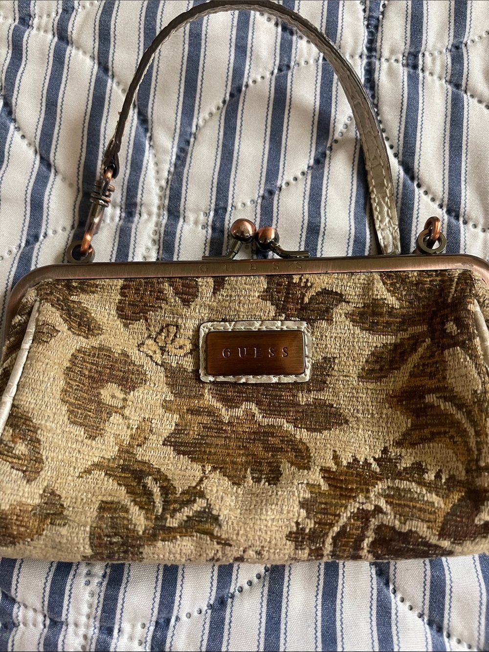 GUESS Gold and Brown Vintage 90s Brocade Top-Handle Frame Mini Bag